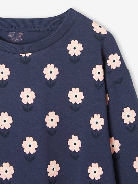 Camiseta con motivo de flores para niña azul marino - Vertbaudet