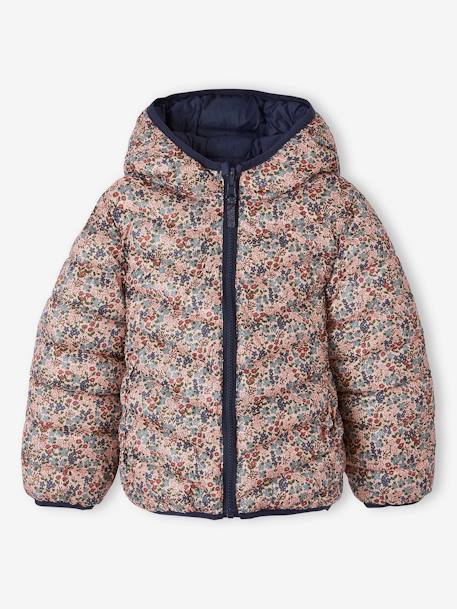 Chaqueta con capucha ligera reversible, para niña 6306+azul oscuro+ROSA FUERTE ESTAMPADO 