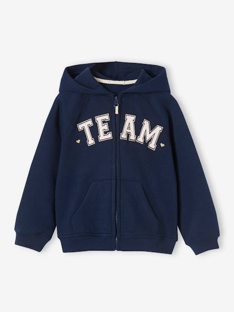 Sudadera deportiva con cremallera y capucha con motivo «Team» para niña azul marino+rosa chicle+verde 