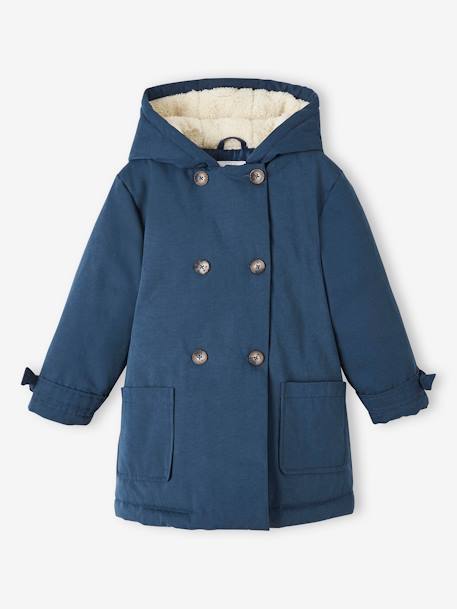 Parka chic con tacto piel de melocotón y capucha para niña azul marino+rosa palo 