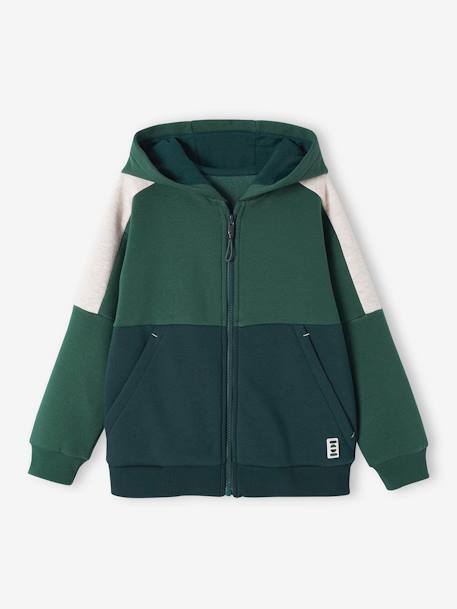 Sudadera deportiva con cremallera y capucha efecto colorblock niño burdeos+gris jaspeado+ocre+verde pino 