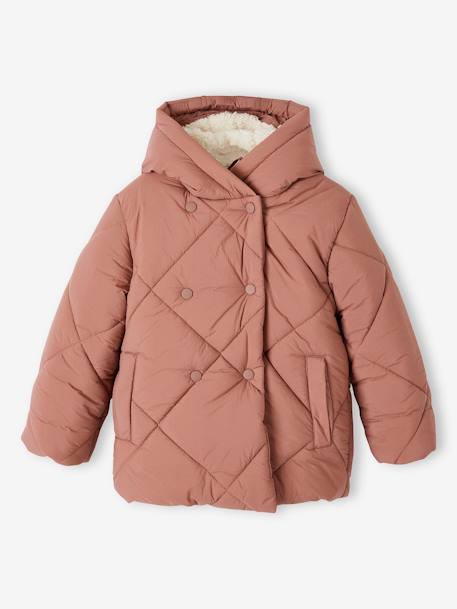 Chaqueta acolchada con capucha y forro de sherpa para niña azul marino+rosado 