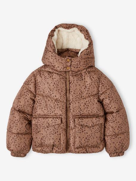 Chaqueta acolchada con estampado y capucha con forro polar para niña marrón estampado+verde estampado 