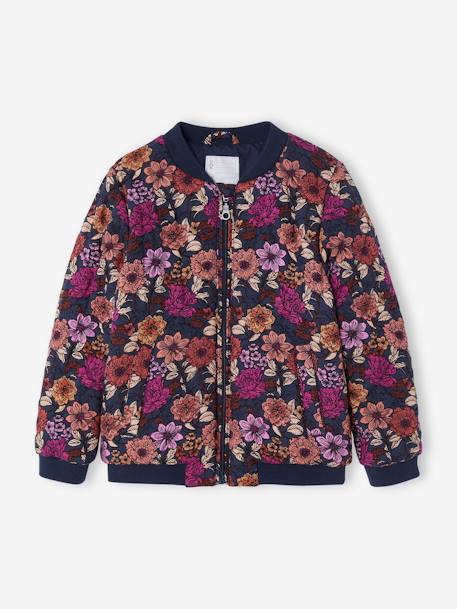 Cazadora acolchada estilo bomber con estampado de flores, para niña azul oscuro 