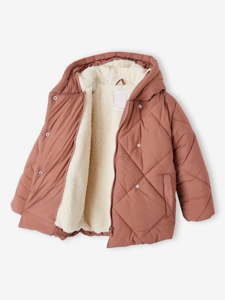 Chaqueta acolchada con capucha y forro de sherpa para niña azul marino+rosado 