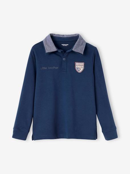 Polo con emblema y cuello chambray, niño AZUL FUERTE LISO CON MOTIVOS 