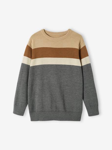 Jersey de punto fino con rayas anchas para niño BEIGE CLARO LISO CON MOTIVOS+gris jaspeado 