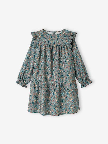 Vestido vaporoso con volante y motivos de flores, para niña azul grisáceo+azul oscuro+crudo+verde agua 