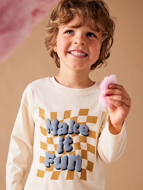 Camiseta a cuadros con texto de tinta con relieve para niño crudo 