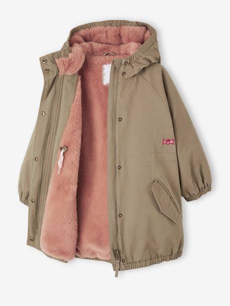 Parka con capucha y forro de piel sintética para niña caqui+rosa viejo 