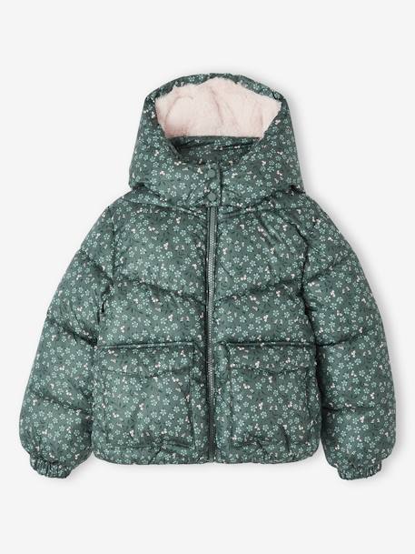 Chaqueta acolchada con estampado y capucha con forro polar para niña marrón estampado+verde estampado 