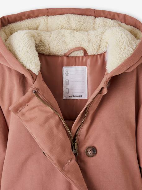 Parka chic con tacto piel de melocotón y capucha para niña azul marino+rosa palo 