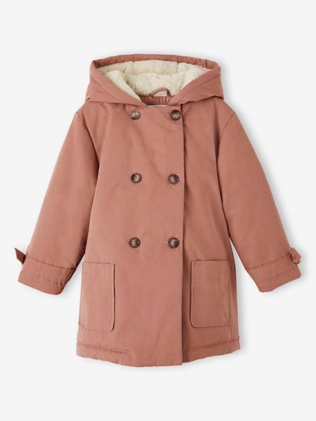 Parka chic con tacto piel de melocotón y capucha para niña azul marino+rosa palo 