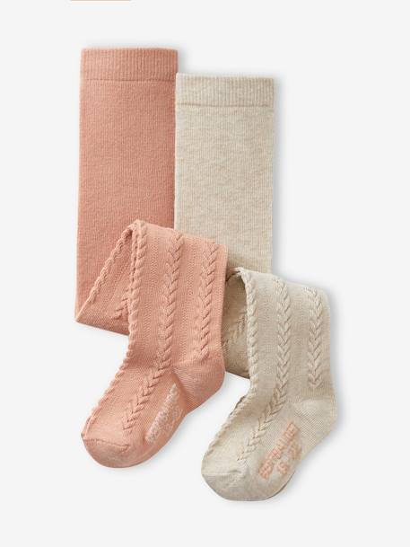 Pack de 2 pares de leotardos de punto trenzado para bebé niña beige jaspeado+gris jaspeado+rosa viejo 