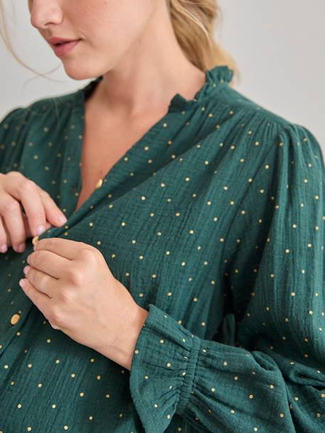Blusa de gasa de algodón para embarazo y lactancia crudo+verde pino 