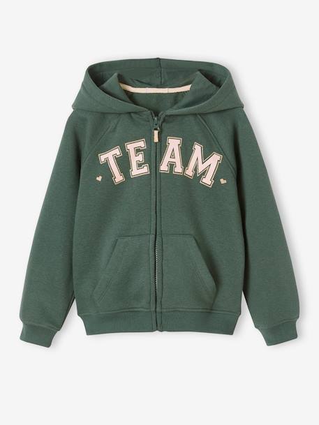 Sudadera deportiva con cremallera y capucha con motivo «Team» para niña azul marino+rosa chicle+verde 