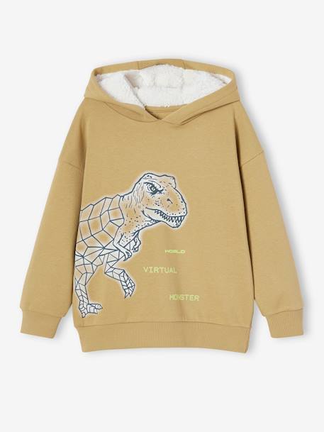 Sudadera con motivo dinosaurio y capucha con forro sherpa para niño aceituna 