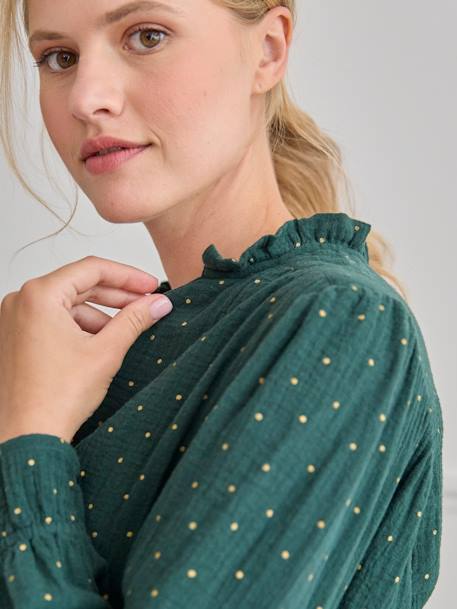 Blusa de gasa de algodón para embarazo y lactancia crudo+verde pino 