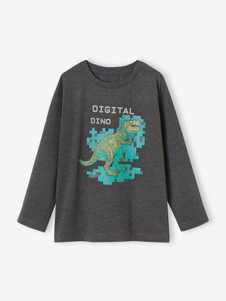 Camiseta con dinosaurio digital efecto píxel en relieve para niño gris jaspeado 