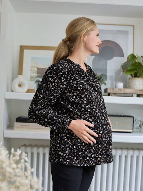 Blusa de pana con estampado para embarazo y lactancia negro 