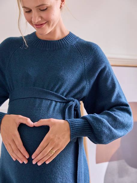 Vestido-jersey de largo medio con cinturón para embarazo azul océano 