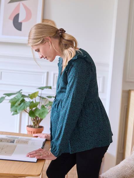 Blusa con estampado con volantes para embarazo y lactancia verde pino 