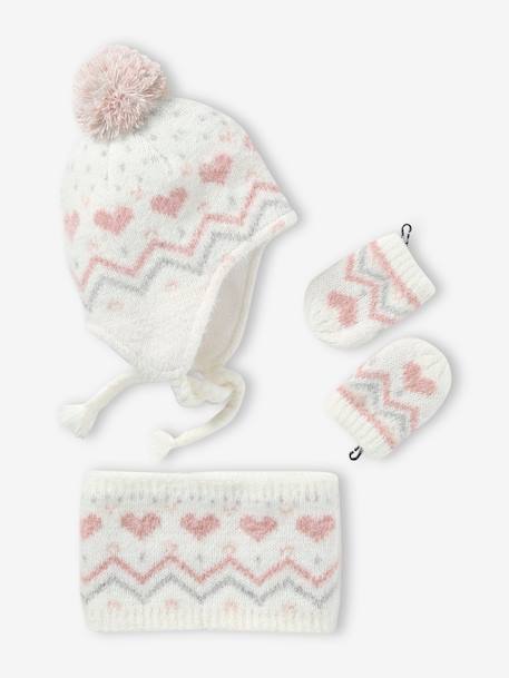 Conjunto para bebé niña gorro + snood + manoplas de punto jacquard mullido