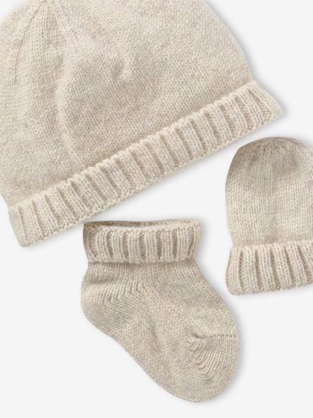 Conjunto para recién nacido de punto tricot: gorro + manoplas + zapatillas de casa avellana+beige jaspeado 