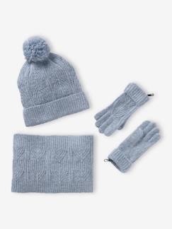 -Conjunto de gorro + snood + mitones de punto bobo trenzado