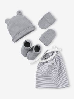 -Conjunto para recién nacido de punto de canalé gorro + manoplas + patucos + bolsita