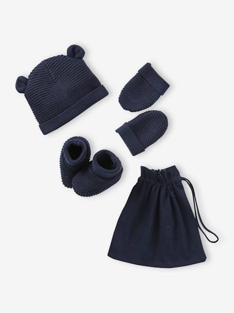 Conjunto de gorra, manoplas y patucos para recién nacido, con bolsa a juego azul grisáceo+azul jeans+azul marino+BLANCO MEDIO LISO+rosa maquillaje 