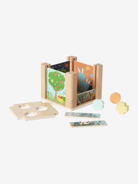 Cubo de desarrollo 2 en 1: Puzzles de madera FSC® con formas para encajar verde 