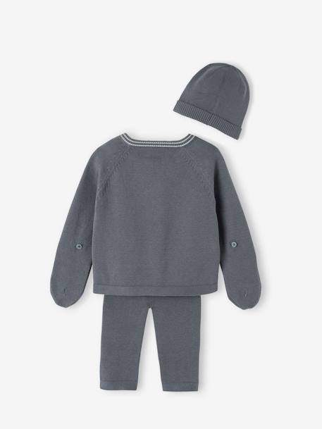 Conjunto de punto tricot para bebé: cárdigan + leggings + gorro gris pizarra+malva 