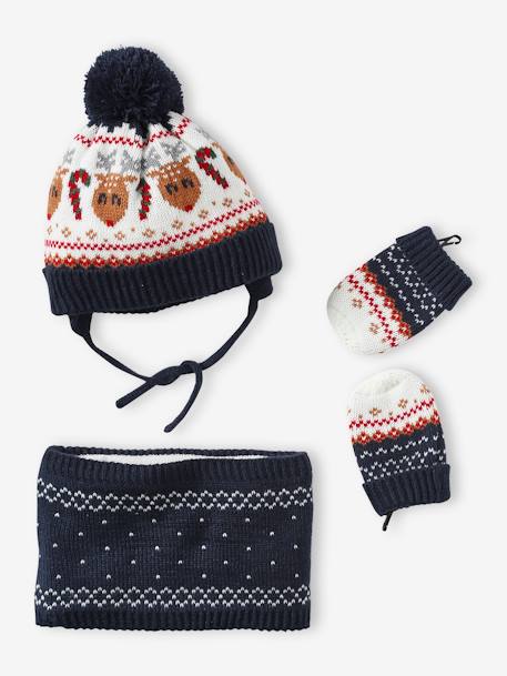 Conjunto de Navidad para bebé niño «Reno»: gorro + snood + manoplas azul marino 