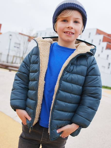 Chaqueta acolchada reversible con sherpa y capucha para niño azul marino+verde pino 