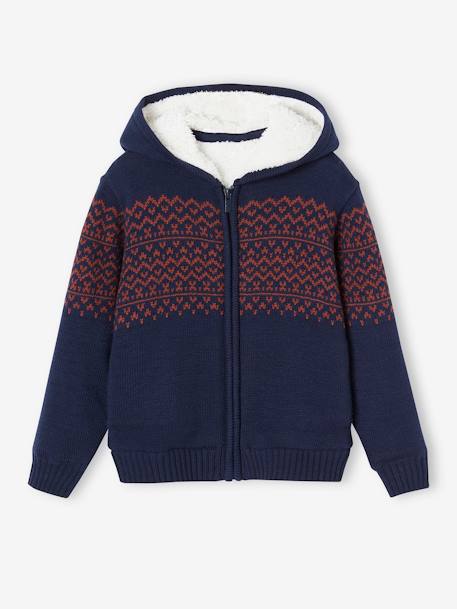 Chaqueta de punto con cremallera, capucha y forro de sherpa para niño azul marino+gris jaspeado 