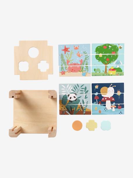 Cubo de desarrollo 2 en 1: Puzzles de madera FSC® con formas para encajar verde 