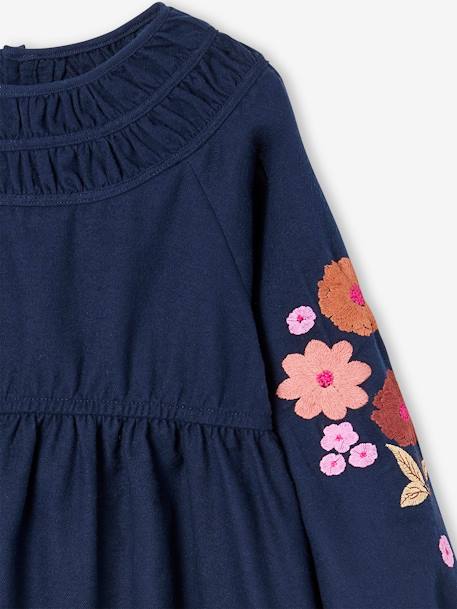 Vestido de manga larga con bordado de flores para niña azul oscuro 