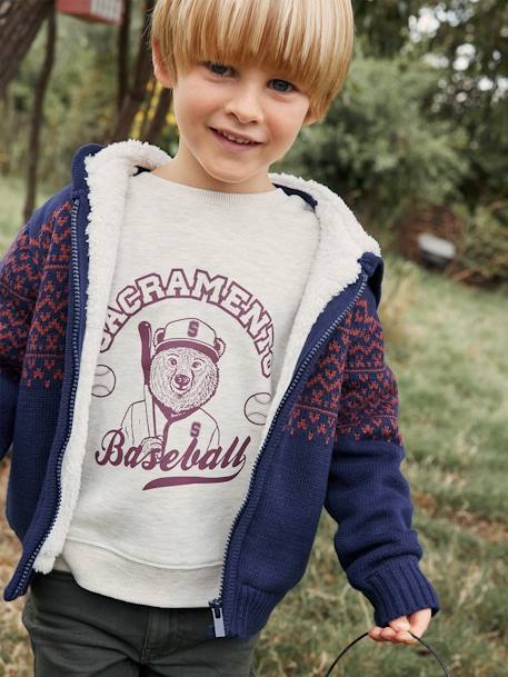 Chaqueta de punto con cremallera, capucha y forro de sherpa para niño azul marino+gris jaspeado 