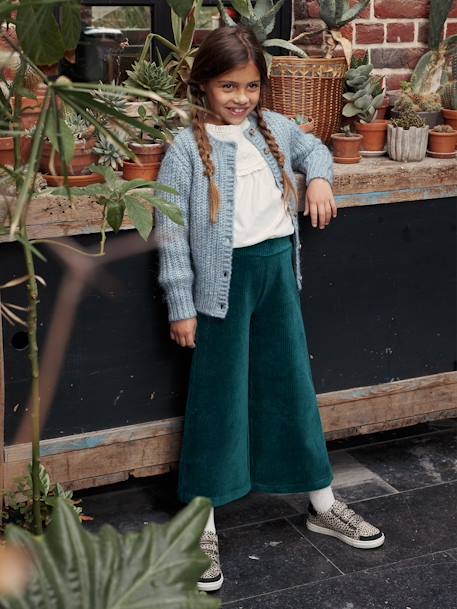 Pantalón ancho de pana, niña MARRON MEDIO LISO+verde pino 