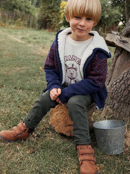 Chaqueta de punto con cremallera, capucha y forro de sherpa para niño azul marino+gris jaspeado 