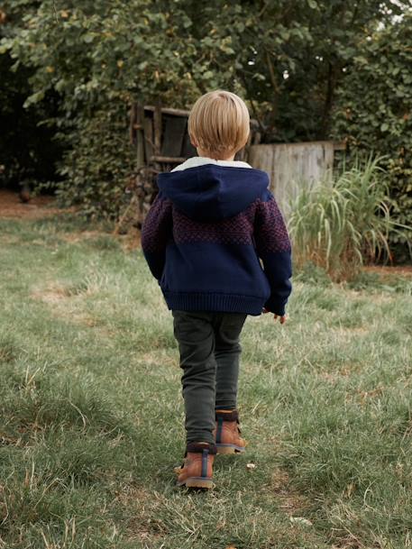 Chaqueta de punto con cremallera, capucha y forro de sherpa para niño azul marino+gris jaspeado 