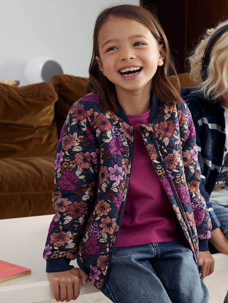 Cazadora acolchada estilo bomber con estampado de flores, para niña azul oscuro 