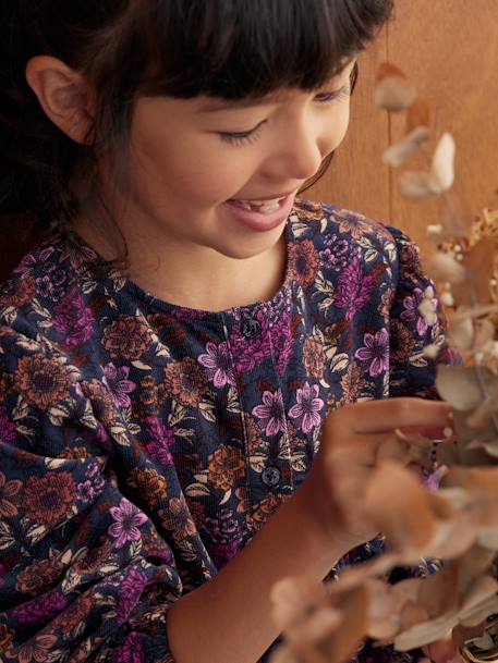 Vestido de flores de pana para niña azul oscuro 