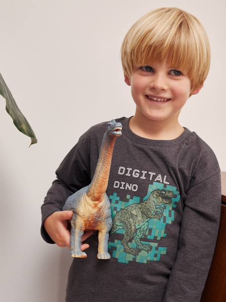 Camiseta con dinosaurio digital efecto píxel en relieve para niño gris jaspeado 