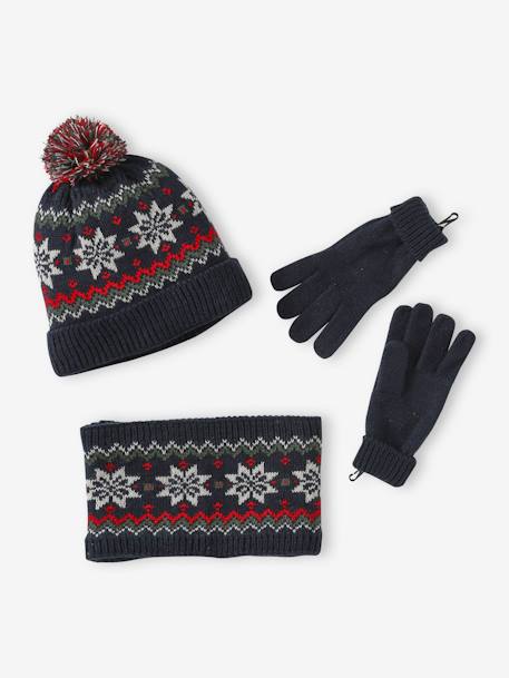 Conjunto de Navidad «Copo de nieve» para niño: gorro + snood + guantes azul marino 