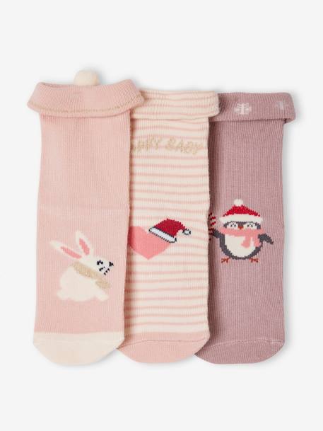 Pack navideño con 3 pares de calcetines para bebé niña rosa viejo 