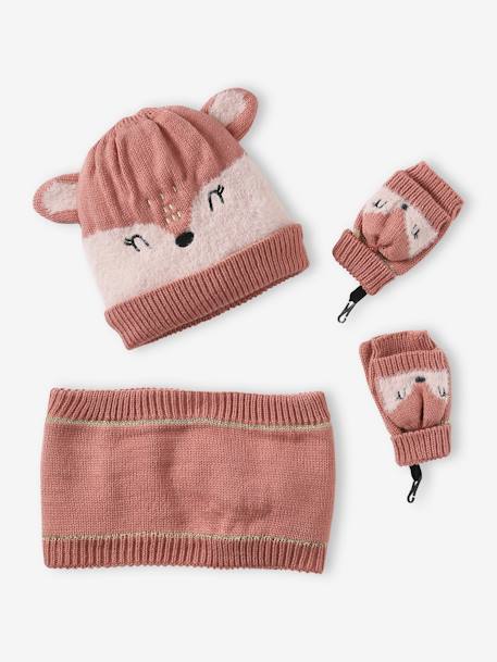 Conjunto de Navidad «Cierva» para niña: gorro + snood + mitones malva 