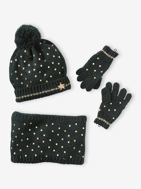 Conjunto de Navidad «Estrella» para niña: gorro + snood + guantes verde 