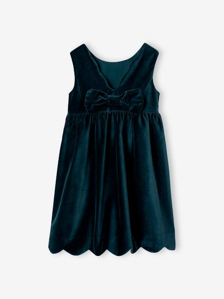 Vestido de fiesta de terciopelo liso y lacito detrás, para niña verde 